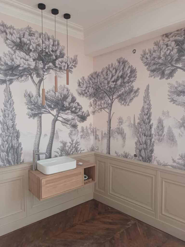 coin lavabo séparé par claustra en bois